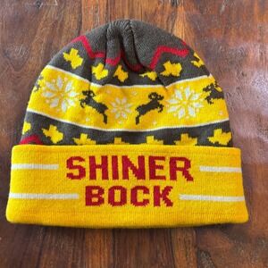 Shiner Bock Texas Beer Rare Fair Isle Knit Beanie Yellow Brown Ram Snowflake Hat